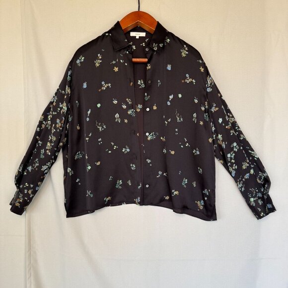 Vince Black Blue Scattered Floral Print 100% Silk Mother of Pearl Button Blouse - Picture 3 of 16